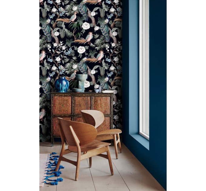 Dark floral wallpaper with peacocks | Birds accent wall