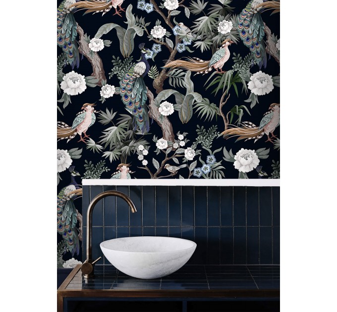 Dark floral wallpaper with peacocks | Birds accent wall