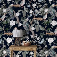 Dark floral wallpaper with peacocks | Birds accent wall