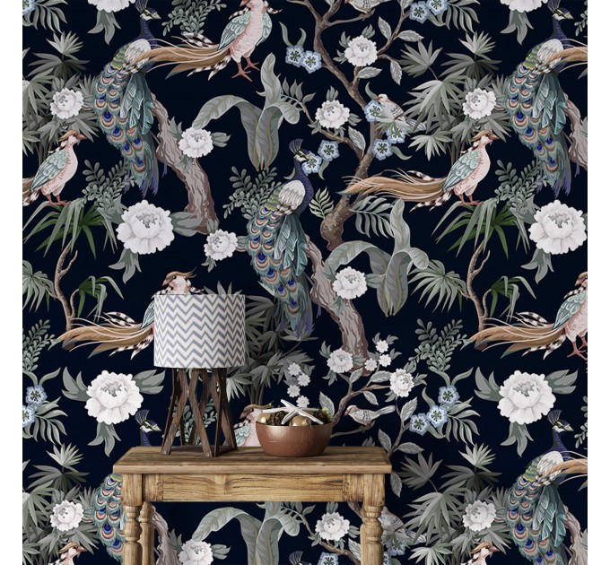 Dark floral wallpaper with peacocks | Birds accent wall