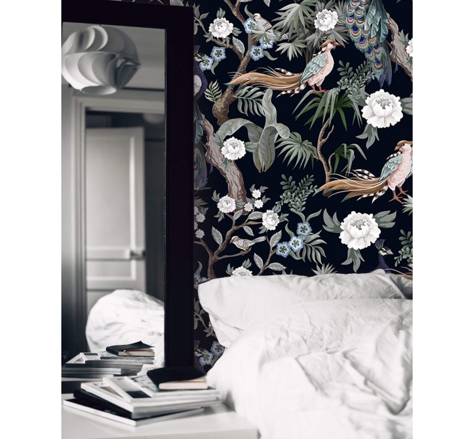 Dark floral wallpaper with peacocks | Birds accent wall