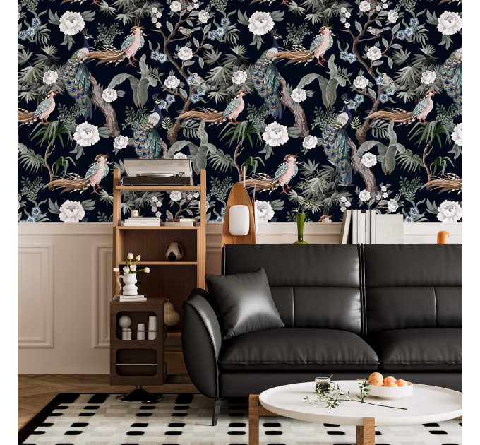 Dark floral wallpaper with peacocks | Birds accent wall