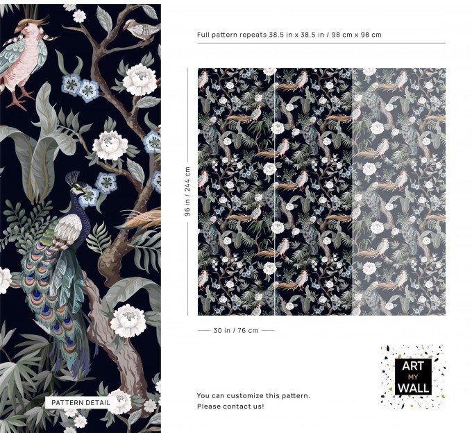 Dark floral wallpaper with peacocks | Birds accent wall