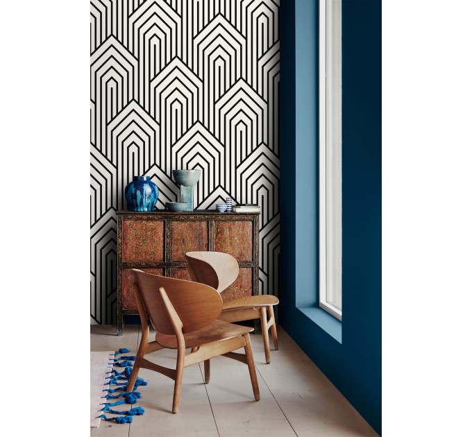 Modern geometric wallpaper, Art Deco statement accent wall