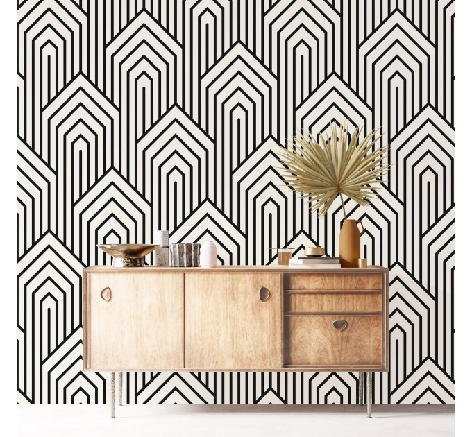 Modern geometric wallpaper, Art Deco statement accent wall