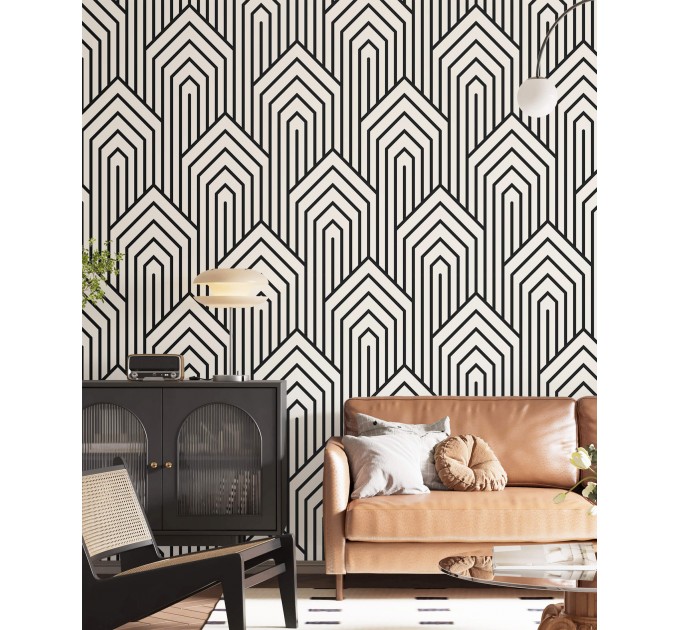 Modern geometric wallpaper, Art Deco statement accent wall