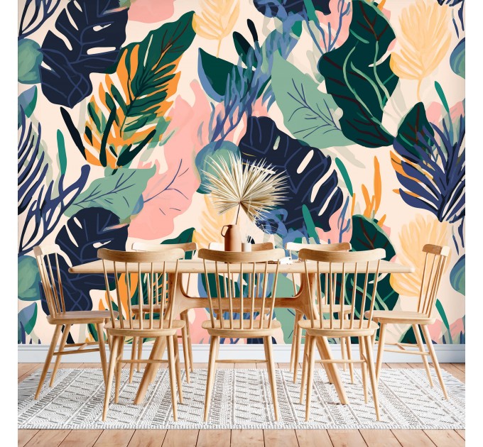 Tropical botanical wallpaper, colorful leaf design