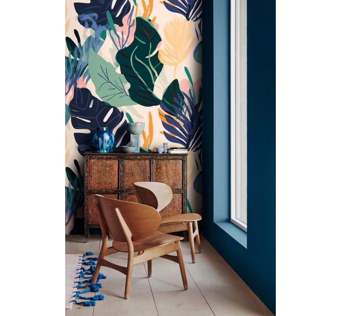 Tropical botanical wallpaper, colorful leaf design