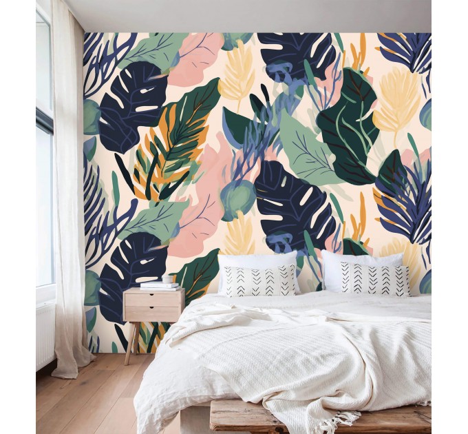 Tropical botanical wallpaper, colorful leaf design