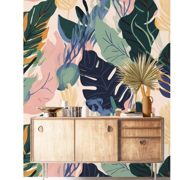 Tropical botanical wallpaper, colorful leaf design