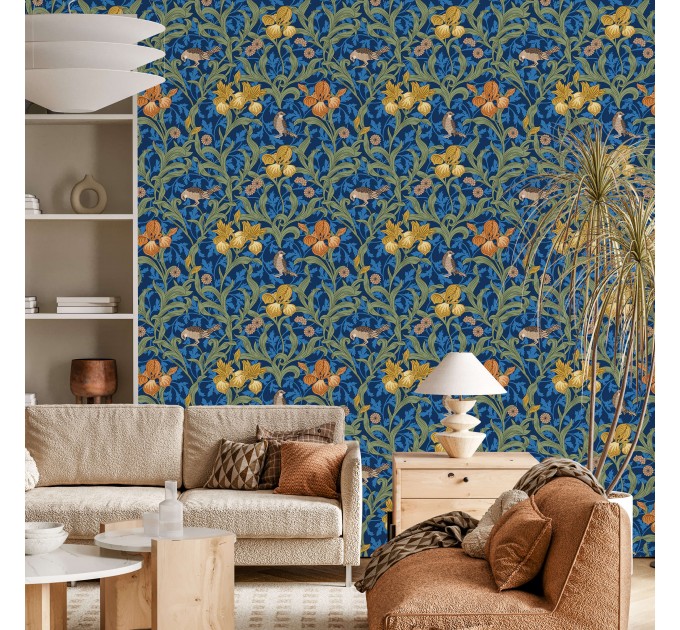 Vintage floral wallpaper, blue botanical pattern