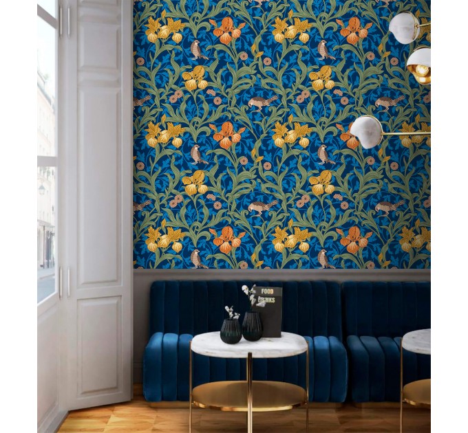 Vintage floral wallpaper, blue botanical pattern