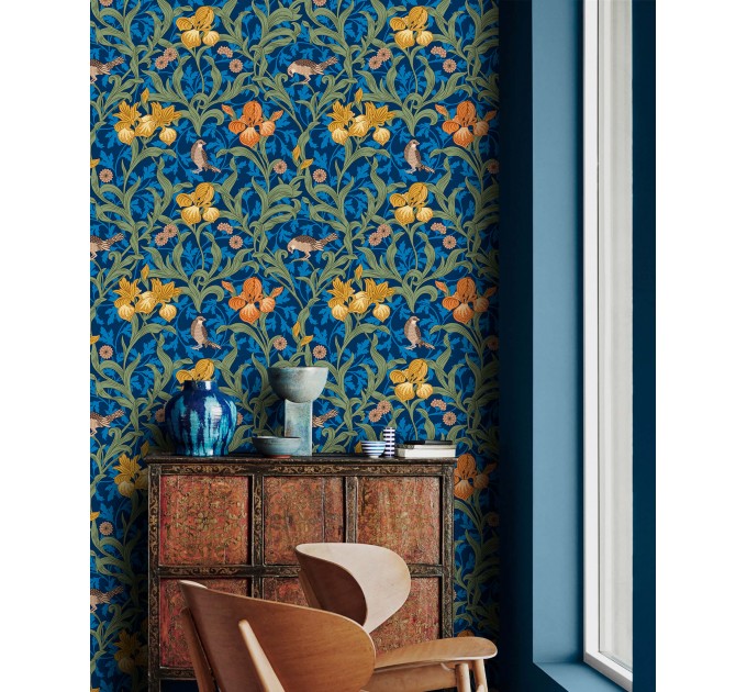 Vintage floral wallpaper, blue botanical pattern