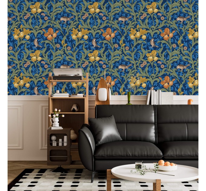 Vintage floral wallpaper, blue botanical pattern