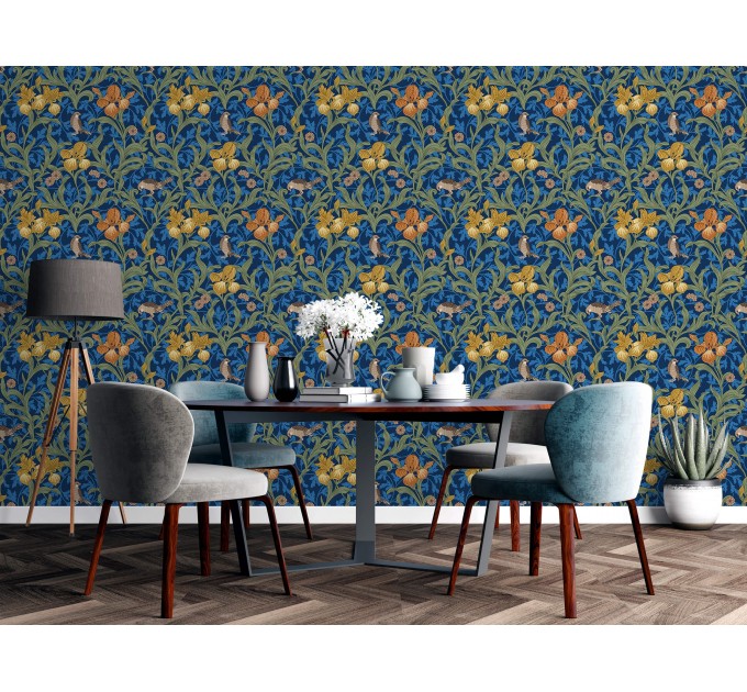 Vintage floral wallpaper, blue botanical pattern