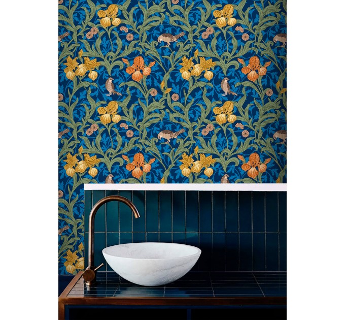 Vintage floral wallpaper, blue botanical pattern