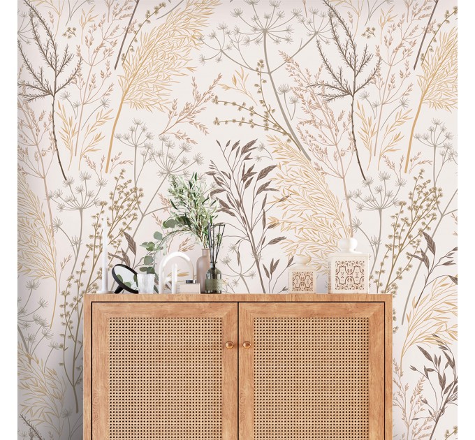 Botanical wallpaper neutral leaves and herbs
