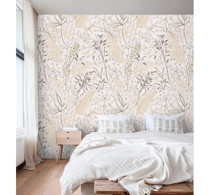 Botanical wallpaper neutral leaves and herbs