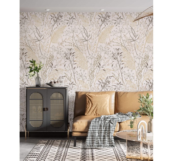 Botanical wallpaper neutral leaves and herbs