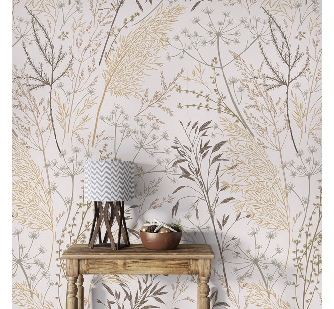 Botanical wallpaper neutral leaves and herbs