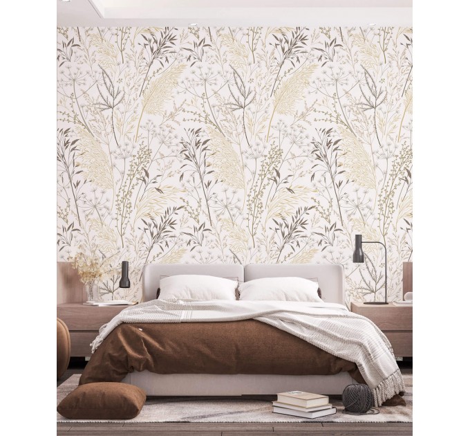 Botanical wallpaper neutral leaves and herbs