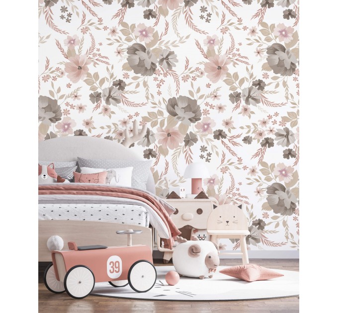 Pastel floral wallpaper Baby girl nursery accent wall