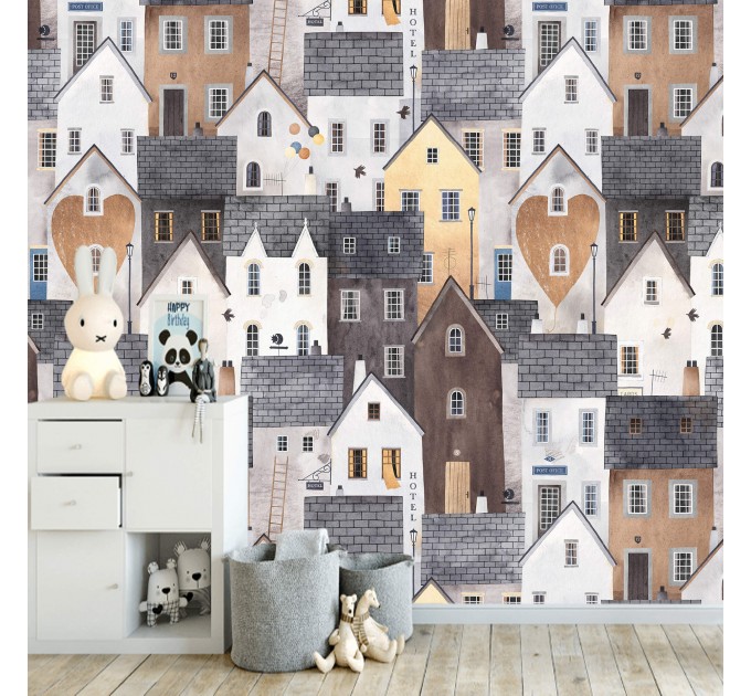 Kids wallpaper houses, baby room decor