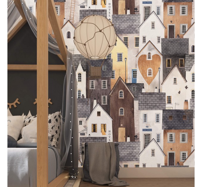 Kids wallpaper houses, baby room decor