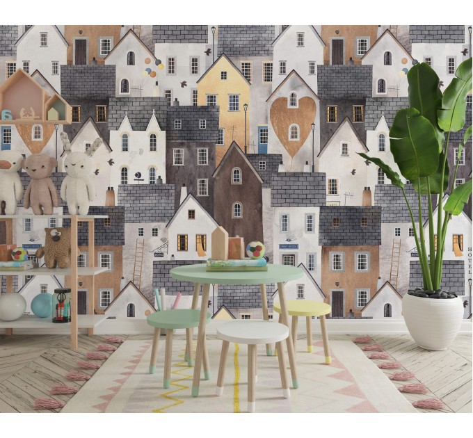 Kids wallpaper houses, baby room decor