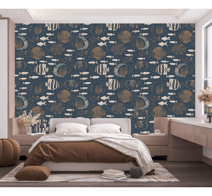 Nautical wallpaper fish, dark marine accent wall
