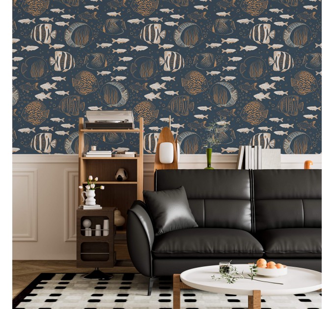 Nautical wallpaper fish, dark marine accent wall