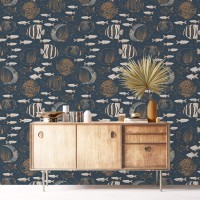 Nautical wallpaper fish, dark marine accent wall