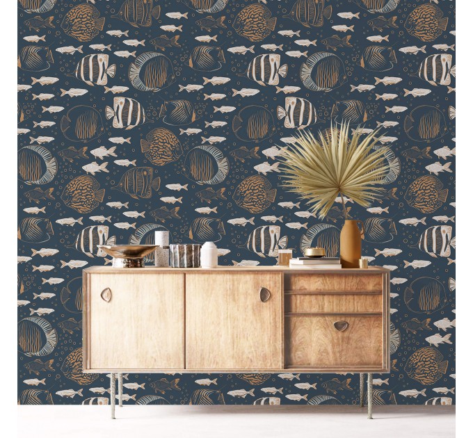 Nautical wallpaper fish, dark marine accent wall