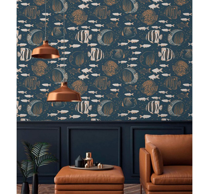 Nautical wallpaper fish, dark marine accent wall