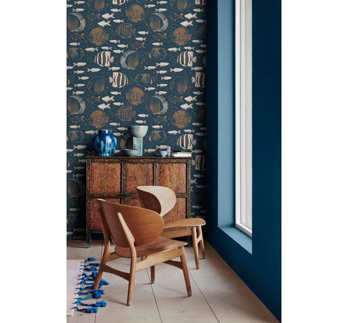 Nautical wallpaper fish, dark marine accent wall