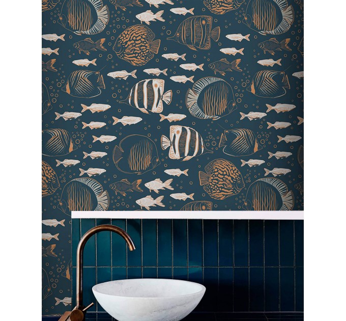 Nautical wallpaper fish, dark marine accent wall