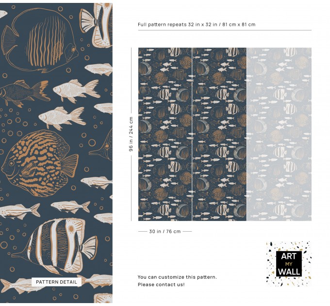 Nautical wallpaper fish, dark marine accent wall