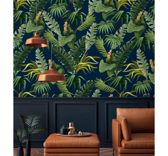 Tropical wallpaper, lush greenery, palm leaves