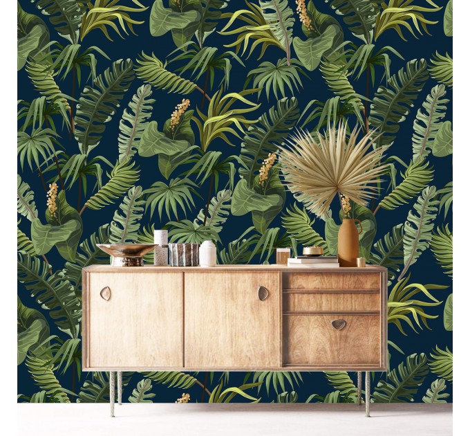 Tropical wallpaper, lush greenery, palm leaves