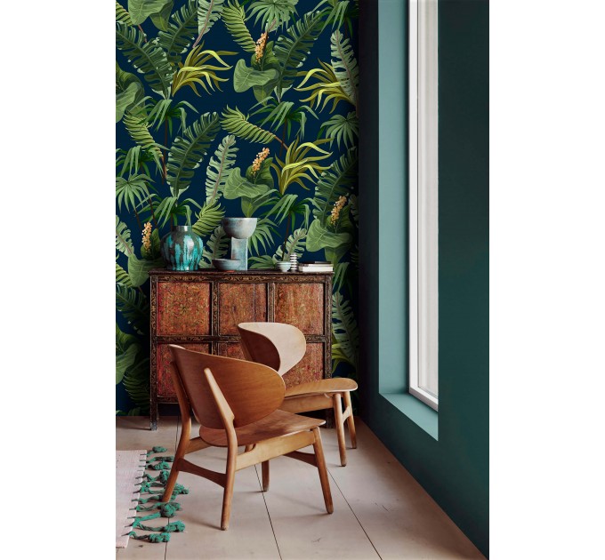 Tropical wallpaper, lush greenery, palm leaves