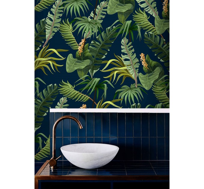 Tropical wallpaper, lush greenery, palm leaves