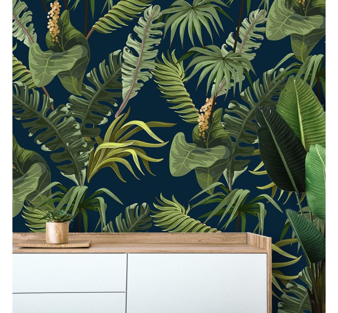 Tropical wallpaper, lush greenery, palm leaves