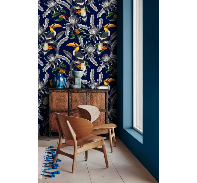 Dark blue tropical wallpaper with birds maximalist style