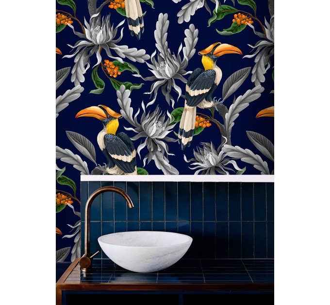 Dark blue tropical wallpaper with birds maximalist style
