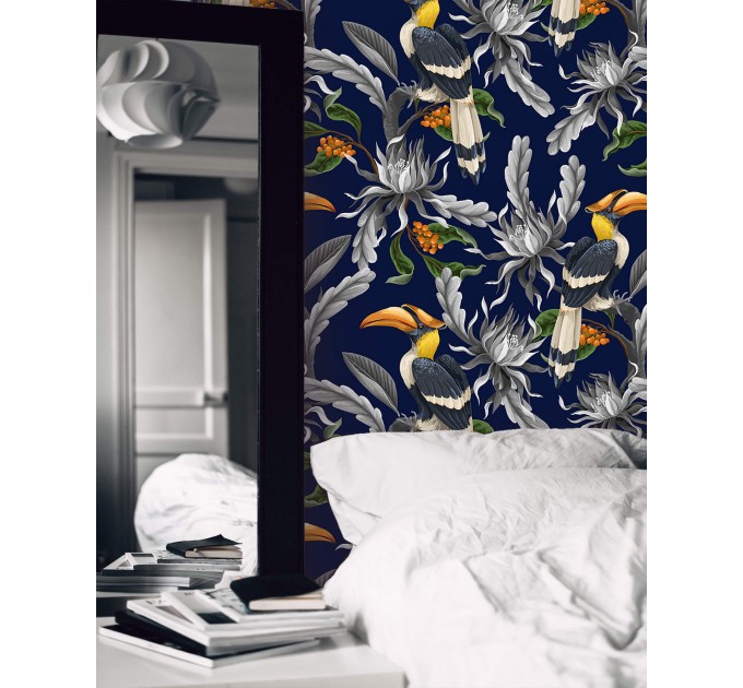 Dark blue tropical wallpaper with birds maximalist style
