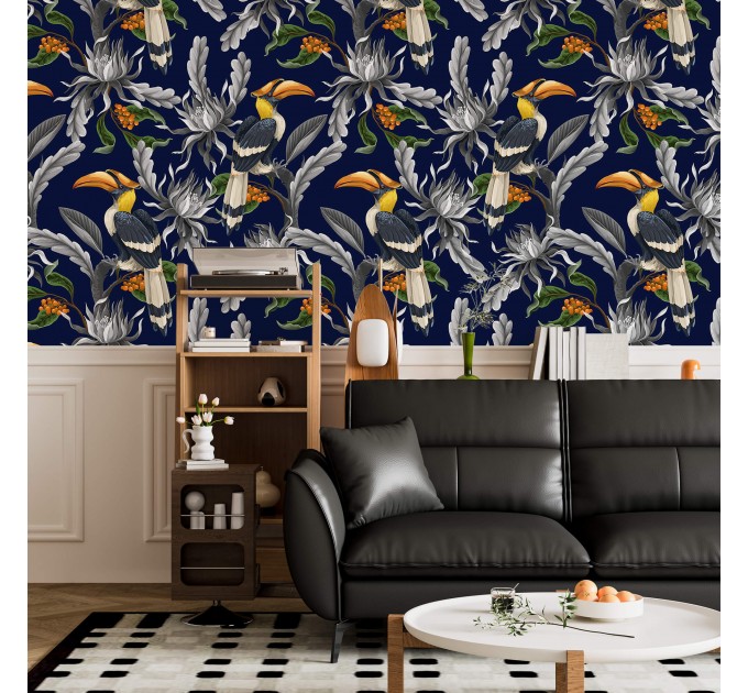 Dark blue tropical wallpaper with birds maximalist style