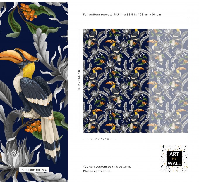 Dark blue tropical wallpaper with birds maximalist style