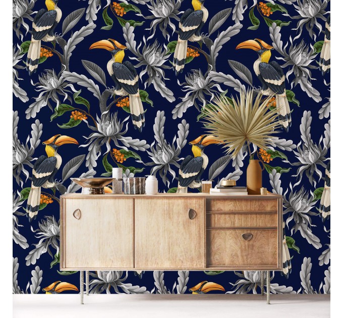 Dark blue tropical wallpaper with birds maximalist style