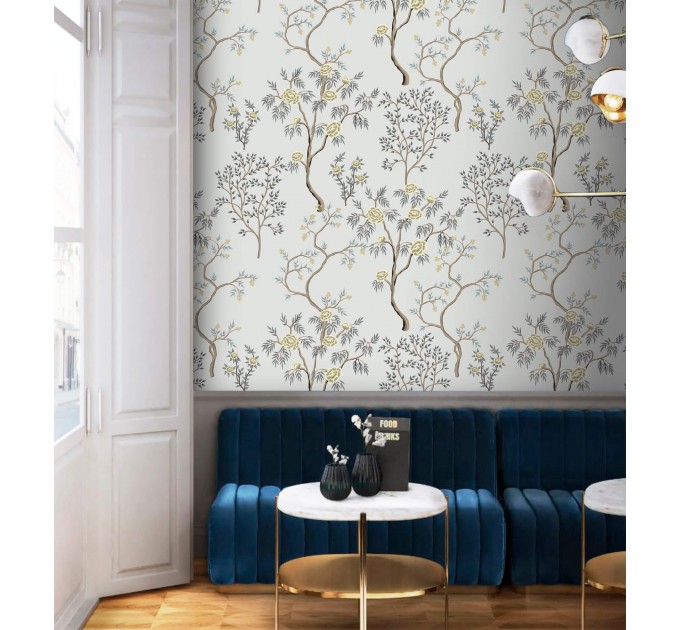 Vintage style Chinoiserie wallpaper blooming trees