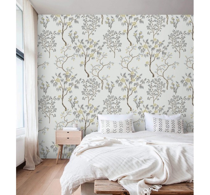 Vintage style Chinoiserie wallpaper blooming trees